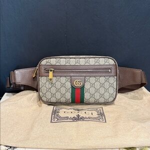 Never Used - Gucci Beige and Brown Belt Bag with Green and Red Stripe